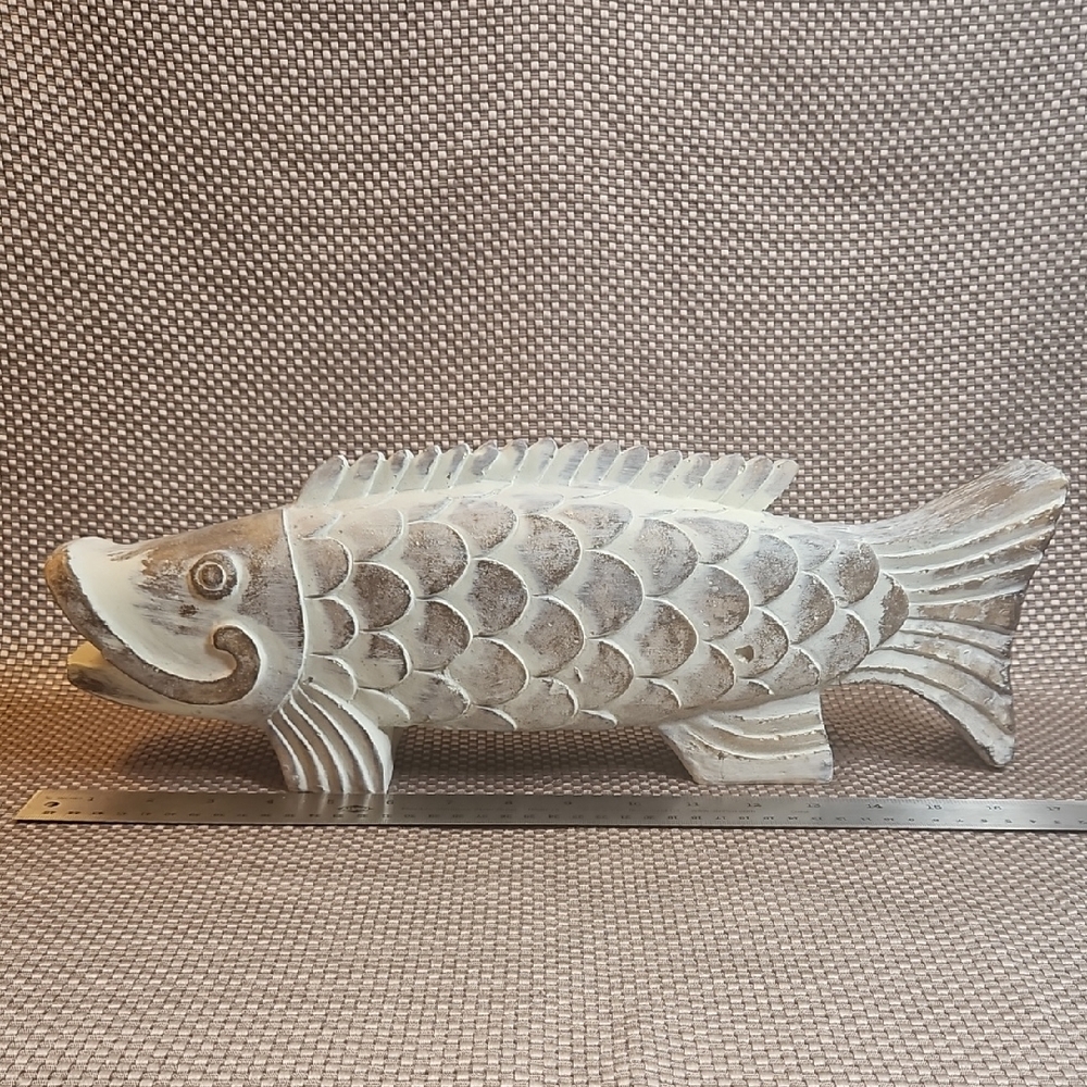 Antiqued White Fish Sculpture Large Decor Piece